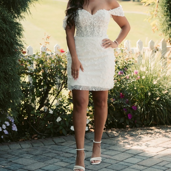 Mori Lee White Off-Shoulder Sheath Mini Dress - Picture 2 of 4